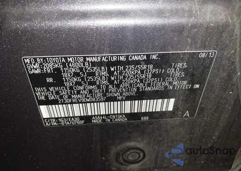 2013 Toyota Rav4 Limited from USA, damaged, VIN 2T3DFREV9DW083597